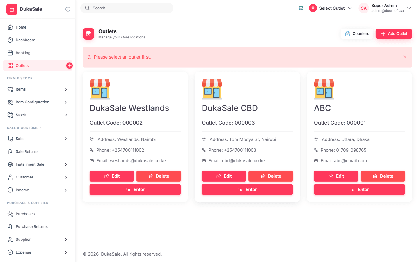 Owner App dashboard showing live sales across multiple outlets