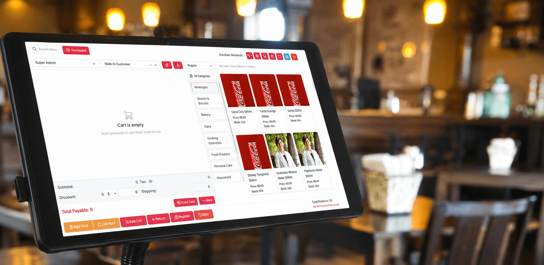 DukaSale Restaurant POS — counter terminal, KOT printers and waiter tablets in a Kenyan restaurant